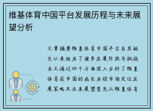 维基体育中国平台发展历程与未来展望分析