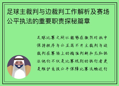 足球主裁判与边裁判工作解析及赛场公平执法的重要职责探秘篇章